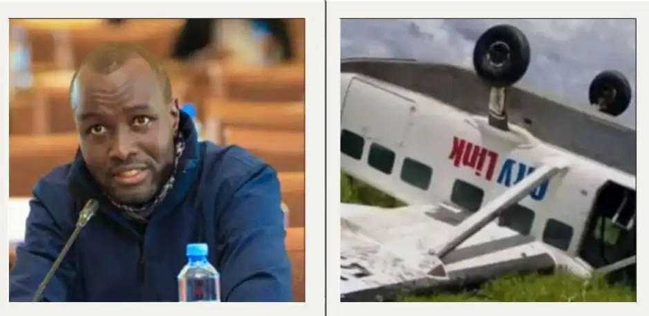 A photo collage of Bomet Senator Hillary Sigei and a Cessna 208 Caravan operated by CityLink after crashing on April 27 FILE