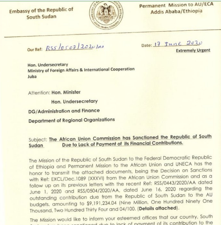 Letter African Union suspends South Sudan after failure to pay annual contribution