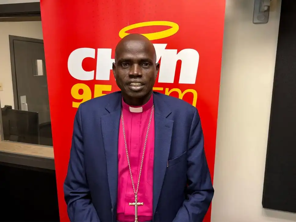 Bishop Joseph Manot from South Sudan in the CHVN studios on June 1, 2026. (Sylvia St. Cyr/PNN)