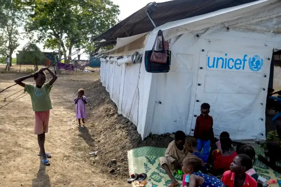 Children play at a UNICEF Child Friendly Space at the Bulkat transit center in Malakal
