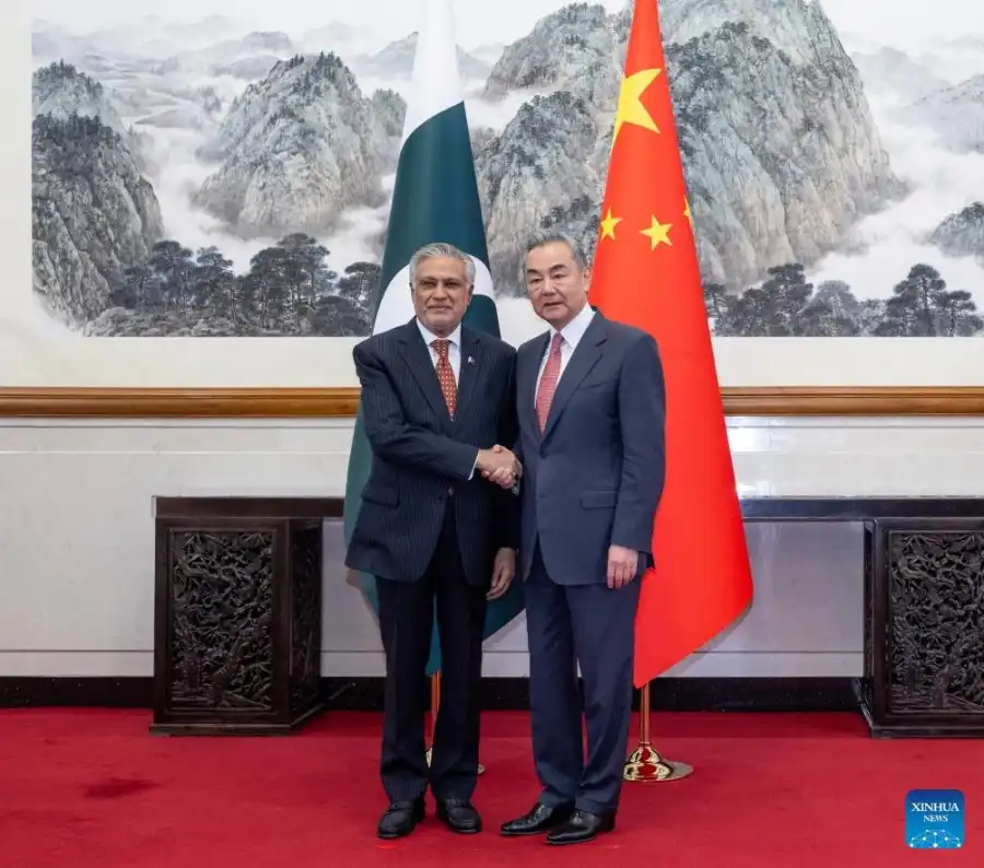 Chinese Foreign Minister Wang Yi and Pakistani Deputy Prime Minister and Minister of Foreign Affairs Ishaq Dar (Photo Credit: Xinhua News Agency)