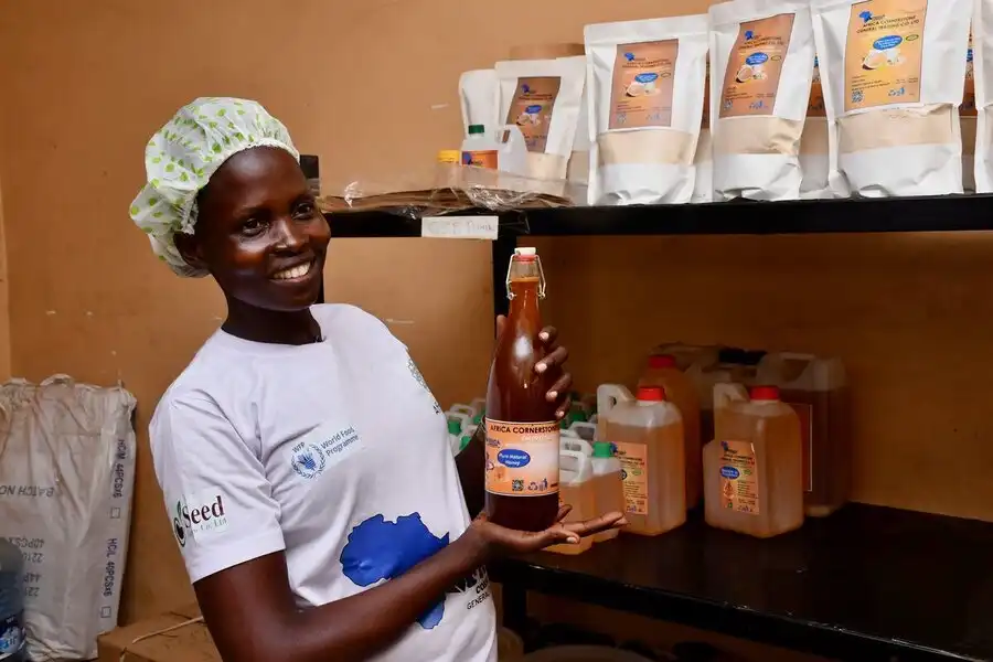 Cissy Apio Mario's business in South Sudan produces locally sourced cooking oil in a country that has traditionally imported the product (Photo: WFP/Machrine Birungi)