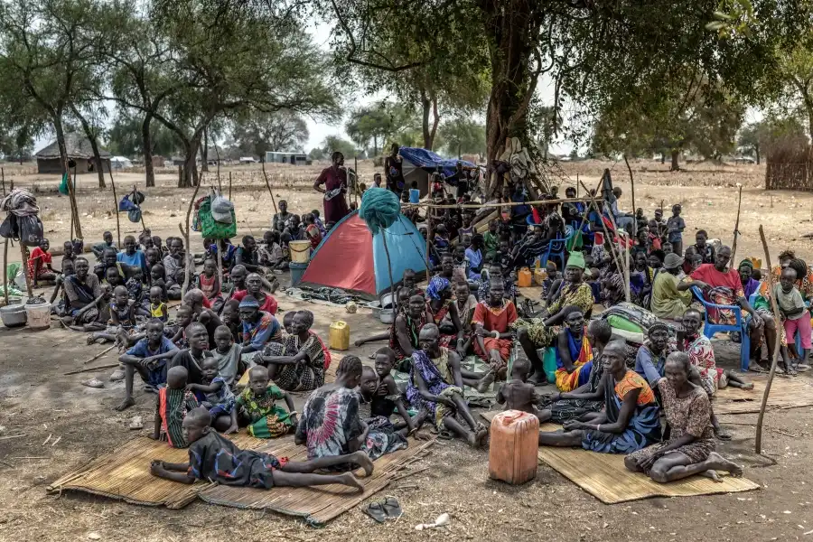 Families gather under a tree at an informal site where displaced people, many from neighboring Jongeli state, have assembled without assistance or shelter at Yolakot informal camp near Mingkaman, Lakes state on February 14, 2026 (© AFP via Getty Images)