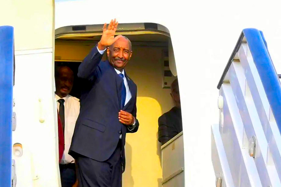 President of Sudan’s Transitional Sovereignty Council (TSC) General Abdel Fattah al-Burhan boards an airplane at Port Sudan airport, heading to South Sudan, on 4 September, 2023 [-/AFP via Getty Images]