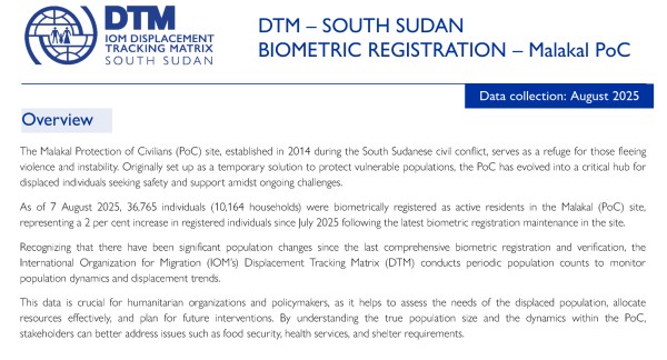 South Sudan — Biometric registration: Malakal Protection of Civilians (August 2025)
