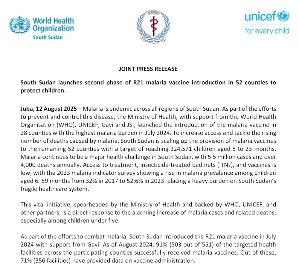 South Sudan launches second phase of R21 malaria vaccine introduction in 52 counties to protect children