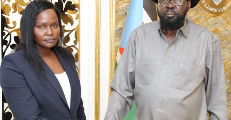 Ms. Ahok Ajiek Amet with President Kiir )Photo Credit: Chimpreports)