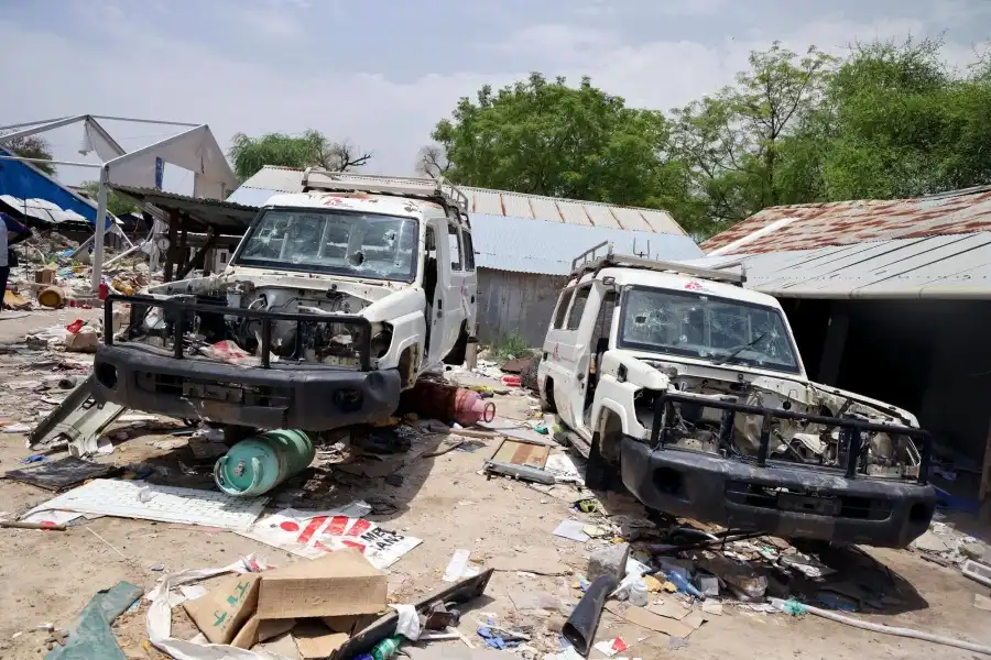 MSF vehicles sit destroyed and vandalised following the bombardment of the MSF hospital in Lankien. Jonglei state, South Sudan, April 2026 (Stefan Pejovic/MSF)