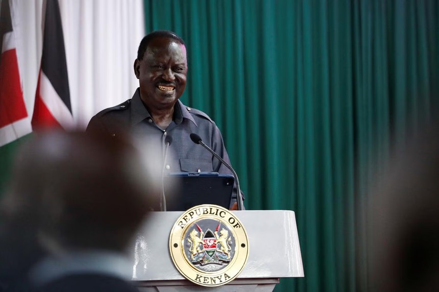 Kenya's Opposition leader Raila Odinga addresses delegates after signing a memorandum of understanding between the United Democratic Alliance (UDA) and the Orange Democratic Movement (ODM) with President William Ruto, to pursue proposed reforms under the National Dialogue Committee (NADCO) talks, at the Kenyatta International Convention Centre (KICC) in Nairobi, Kenya March 7, 2025 (REUTERS/Thomas Mukoya/File photo)