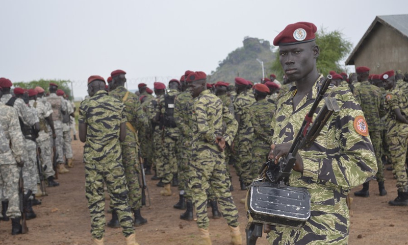 This file photo shows South Sudan People's Defense Forces (SSPDF) troops at the Rajap Police Academy in Juba, capital of South Sudan, April 26, 2019 (Photo: Xinhua)