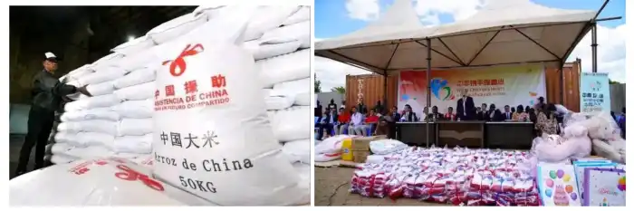 Sacks of rice donated by the Chinese government and Ambassador Ma Qiang handing over food and clothes to orphans in Gudele II1