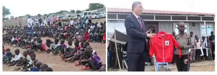 Sacks of rice donated by the Chinese government and Ambassador Ma Qiang handing over food and clothes to orphans in Gudele II2