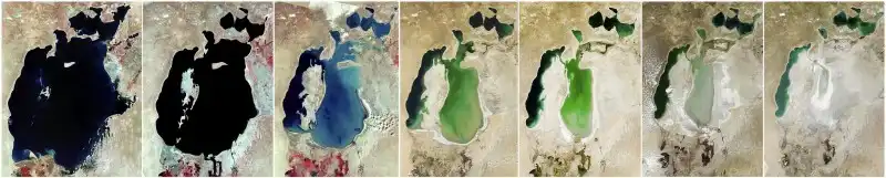 Satellite images reveal the shrinking of the Aral Sea over several decades. [Photo: CMG]