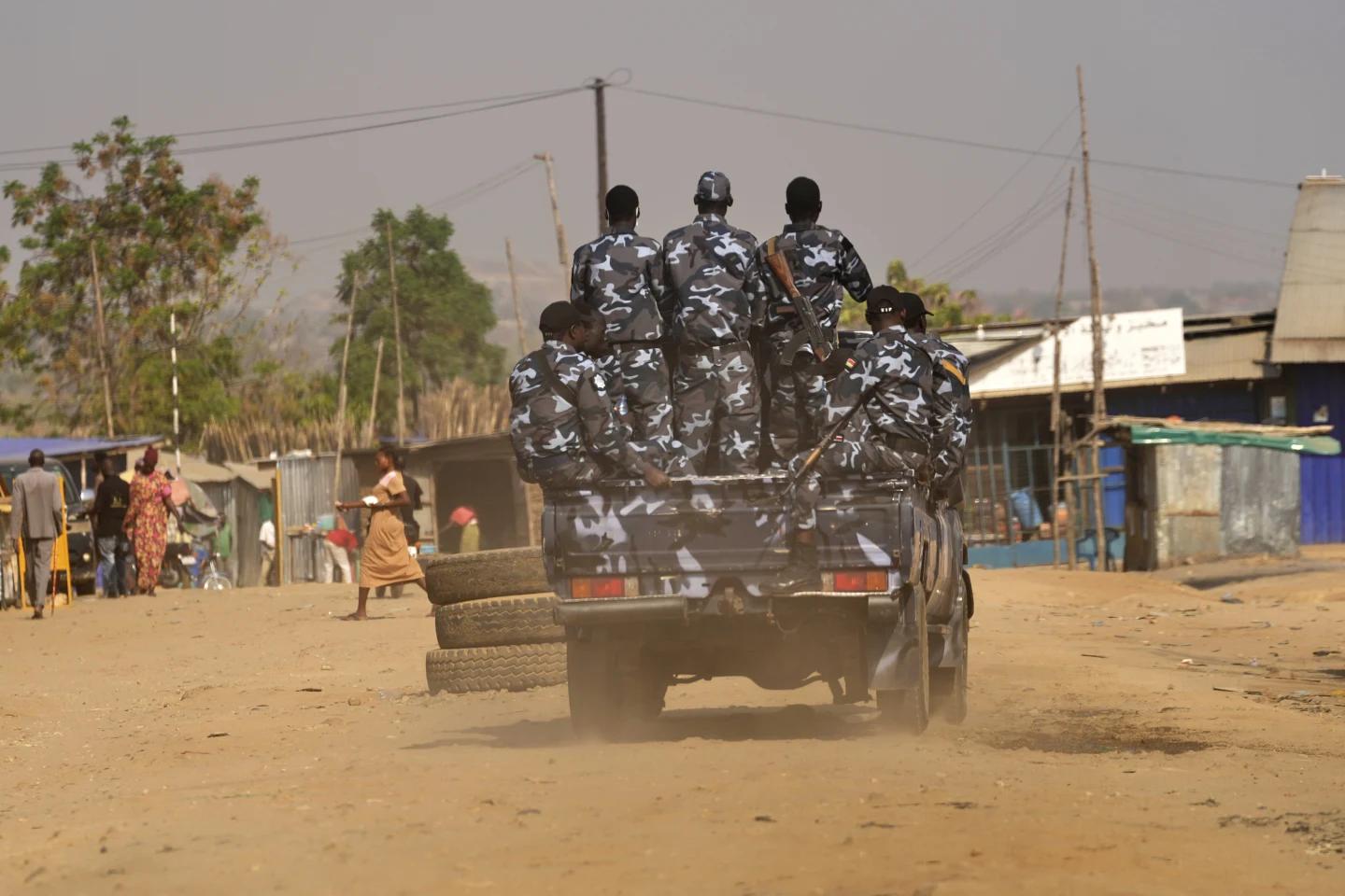 South Sudan soldiers patrol a street in Juba on Feb. 13, 2025. (Credit: AP Photo/Brian Inganga.)