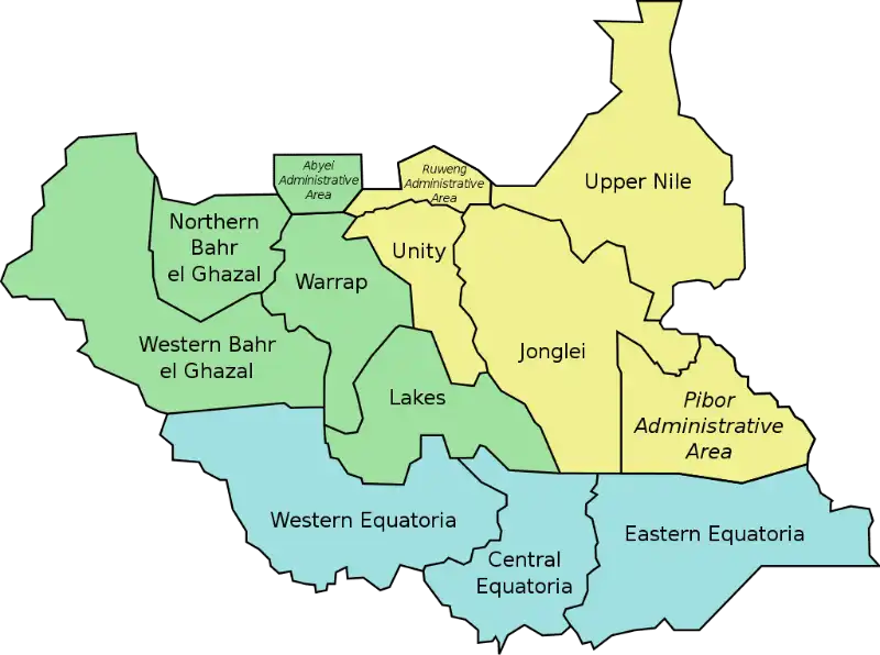 South Sudan States and Administrative Areas (By Leviavery/Wikimedia based on FileSouthSudanStates.svg Own work)