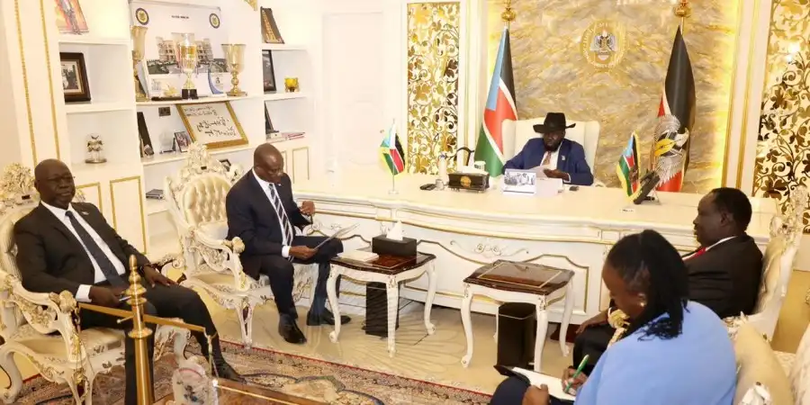 South Sudan’s President Salva Kiir (middle) meets with Vice President General Taban Deng Gai (second left), Presidential Adviser on Security Affairs Tut Gatluak Manime (right), and other officials at State House, Juba on March 25, 2026 (Photo Credit: The East African)