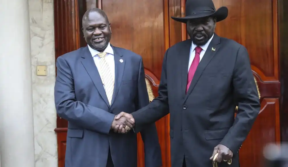 South Sudan President Salva Kiir (right) and First Vice President Riek Machar on October 31, 2023. Machar is currently facing murder, treason and war crimes charges. (Photo: File/UN)