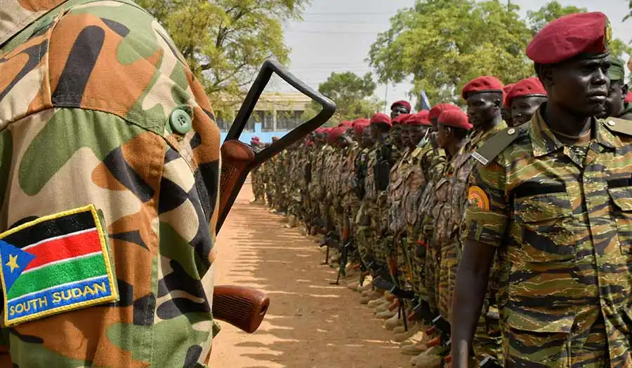 South Sudanese soldiers stand in line on the streets of Juba in a “show of force” ahead of Pope Francis’ visit to the country this week in Juba, South Sudan (Feb. 2, 2023) - [REUTERS/Jok Solomun]