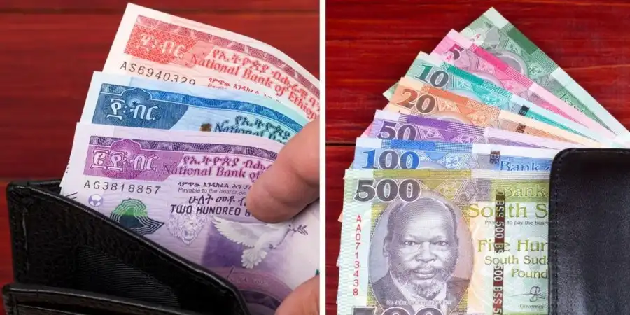 The Ethiopian birr (left) and South Sudanese pound are the worst-performing currencies in Africa in 2025, according to World Bank report (Credit: Shutterstock)