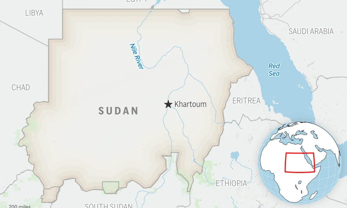 This is a locator map for Sudan with its capital, Khartoum. (AP Photo) (Uncredited, Copyright 2025 The Associated Press. All rights reserved.)