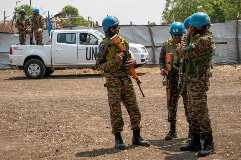 United Nations peacekeepers stand near an airstrip in Akobo South Sudan in February File Florence Miettaux AP Photos
