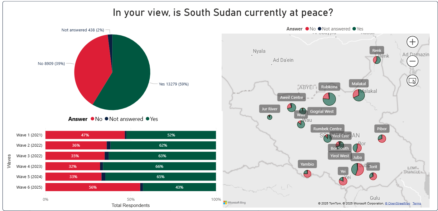 Results for the survey question, ‘In your view, is South Sudan currently at peace?’