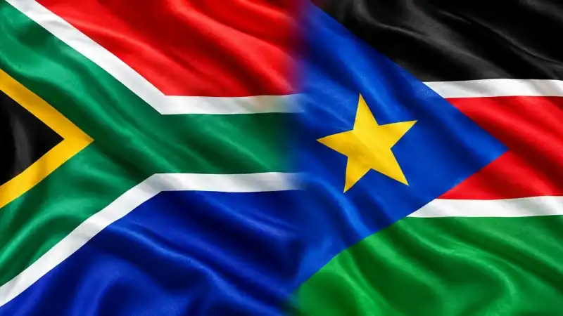 waving south african and south sudan flags